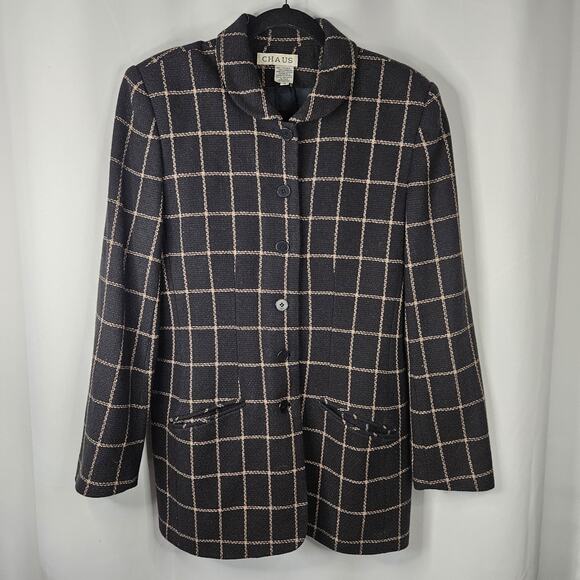 Chaus Women's Black Vintage Plaid Lambs Wool Double Breasted Career Blazer Sz 12 - Picture 1 of 8